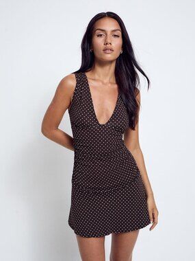 Motel Rocks Plunge Mini Dress in Micro Polka Brown Size S